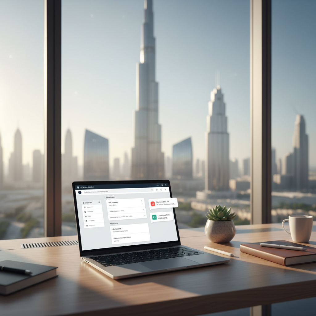 Modern office in Dubai with professional using AI tools