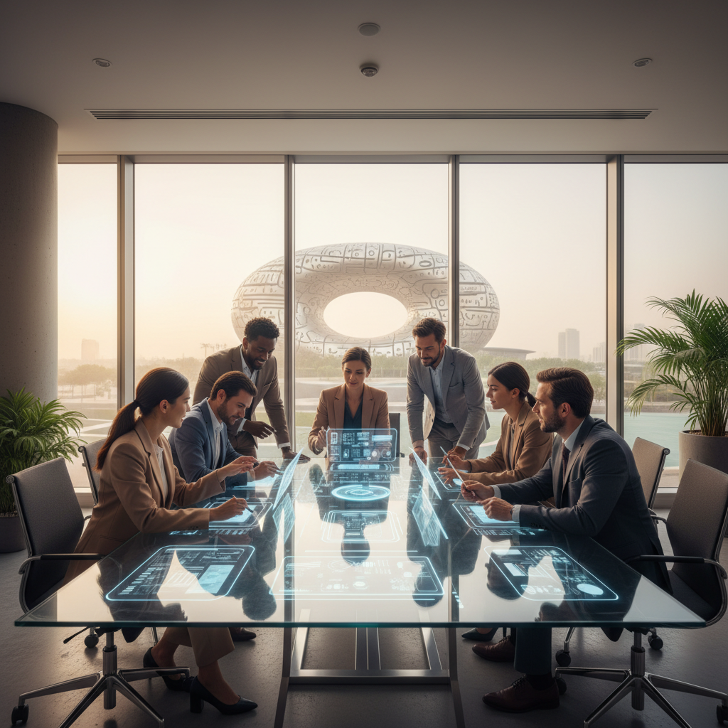 Diverse professional team collaborating in a Dubai boardroom
