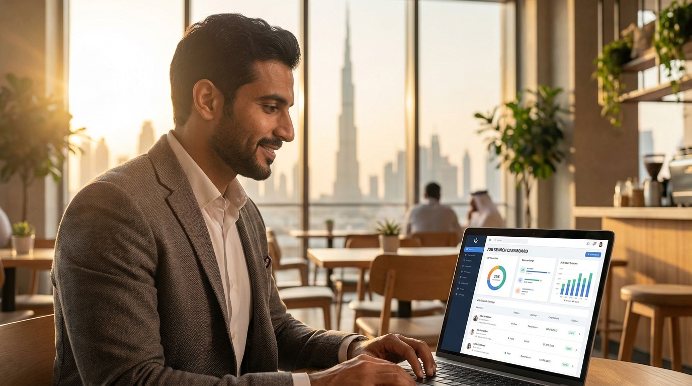 Professional man using a laptop in a modern coffee shop in Dubai