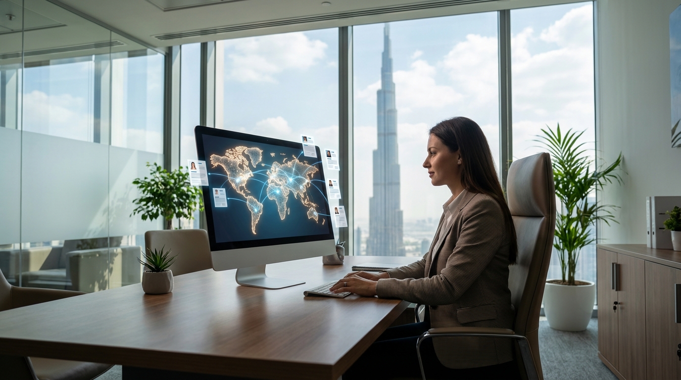 Recruiter looking at a digital map and resumes