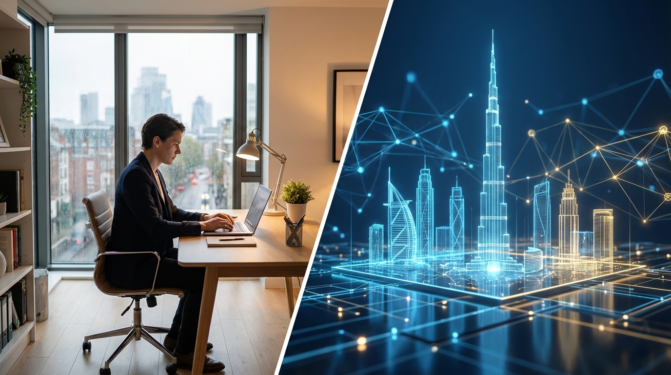 Professional working remotely on a laptop with a virtual background of Dubai