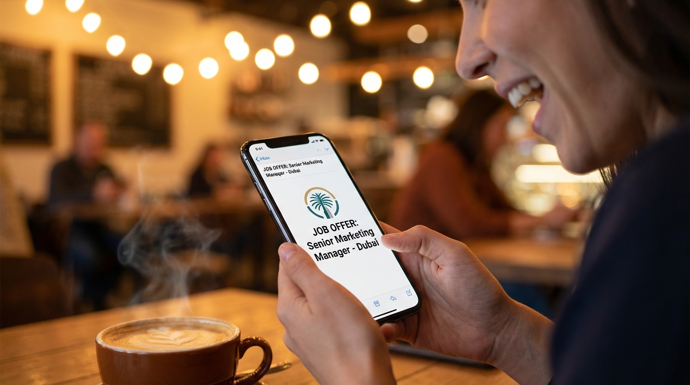 A job seeker celebrating an offer letter on their phone