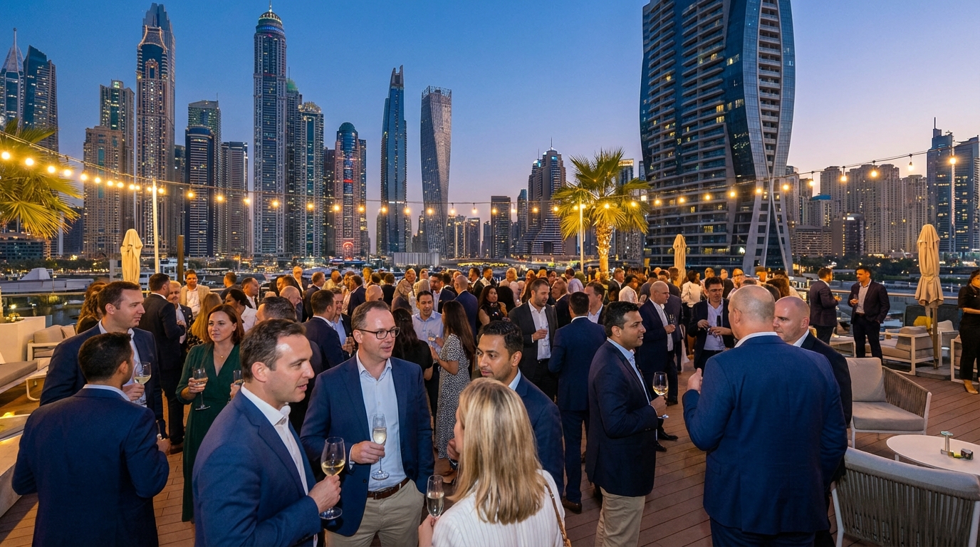 A diverse group of people at a networking event in Dubai