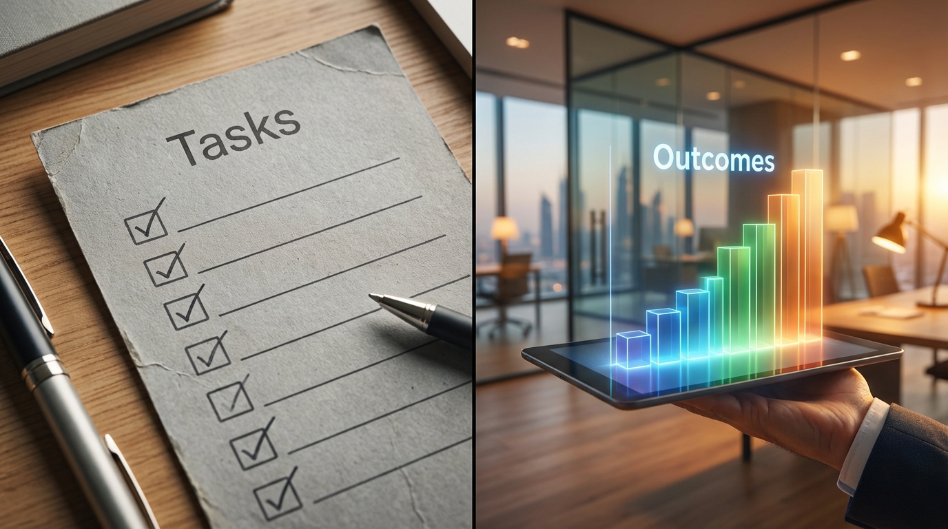 A visual comparison between a task-based resume checklist and an outcome-based performance graph.