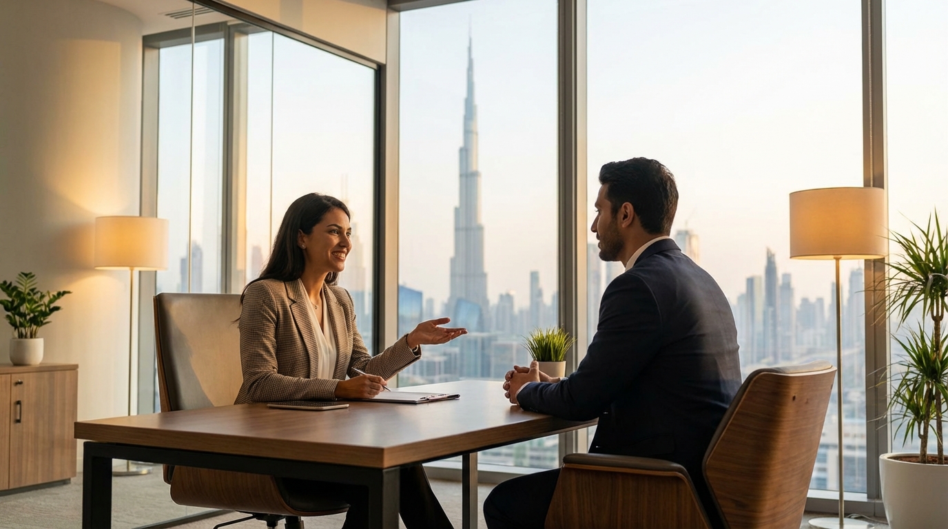 Professional interview setting in a high-rise Dubai office