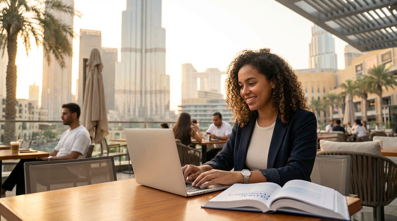 University student working on a laptop in a Dubai cafe with Burj Khalifa view