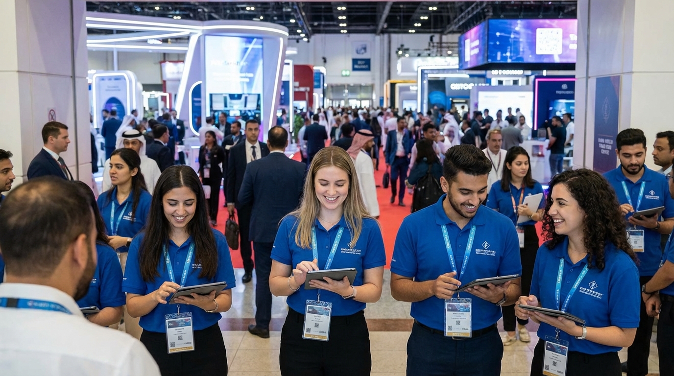 Students working at a busy event registration desk in Dubai World Trade Centre