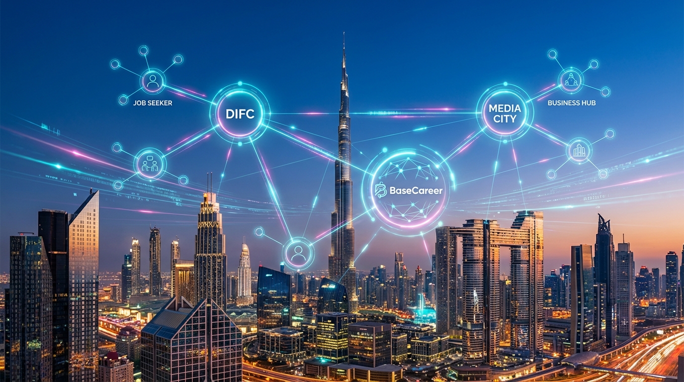 Modern Dubai skyline with digital network overlay representing job connections