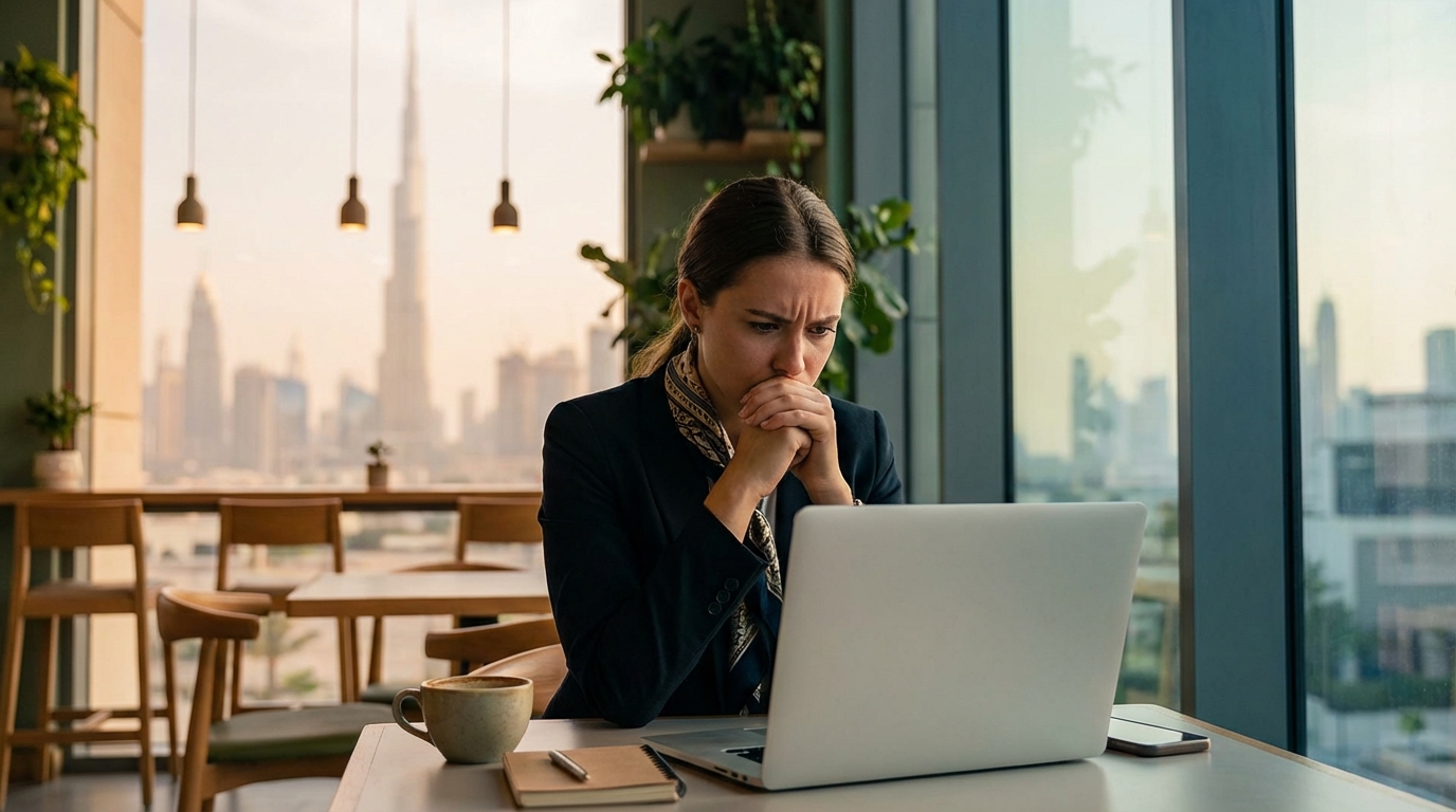 A frustrated creative professional looking at a laptop screen in a Dubai cafe