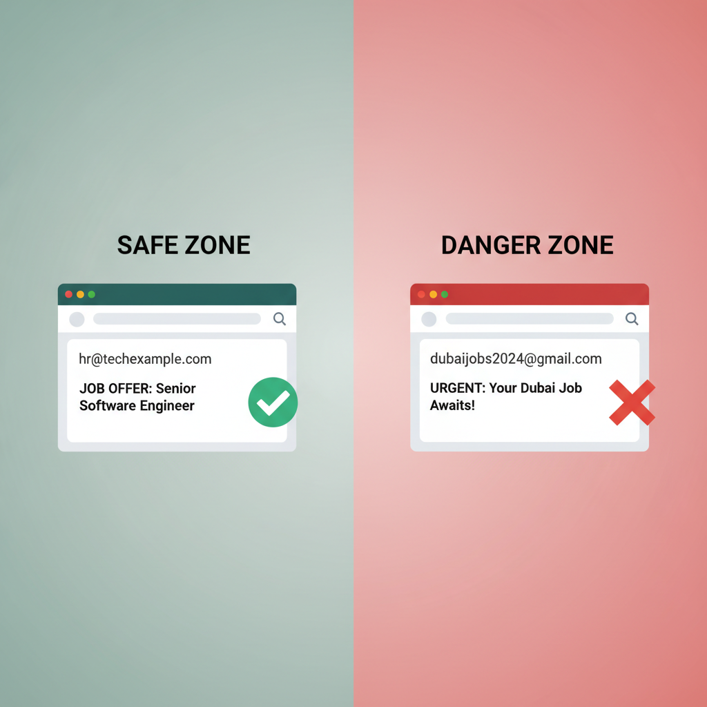 Side-by-side comparison of a legitimate job email versus a scam email.