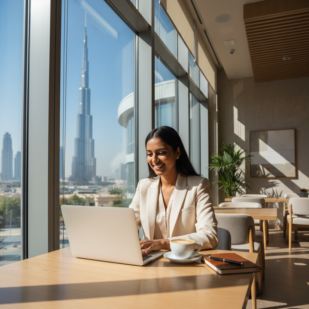 A professional woman working on a laptop in a Dubai cafe, looking relieved and happy.