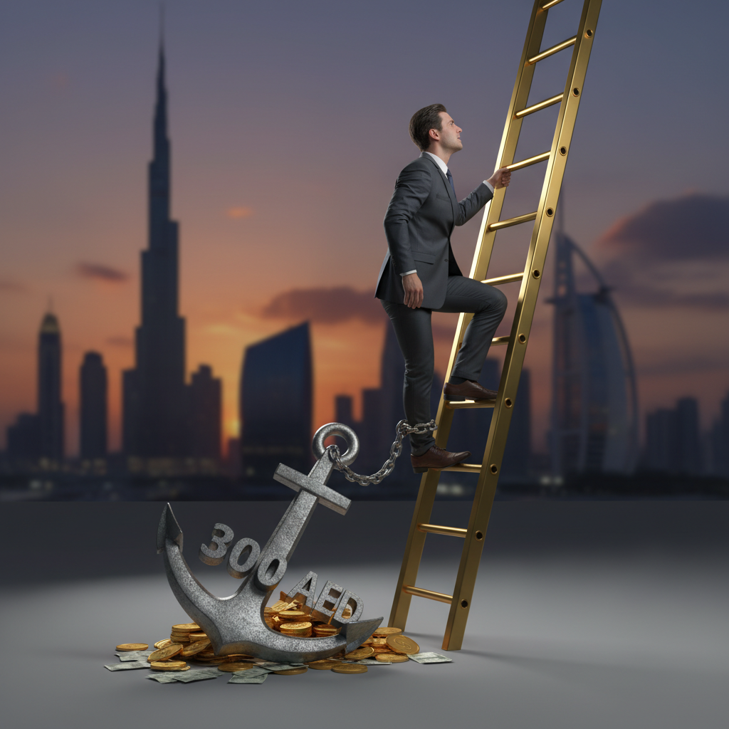 Concept art of a salary anchor holding back a career ladder