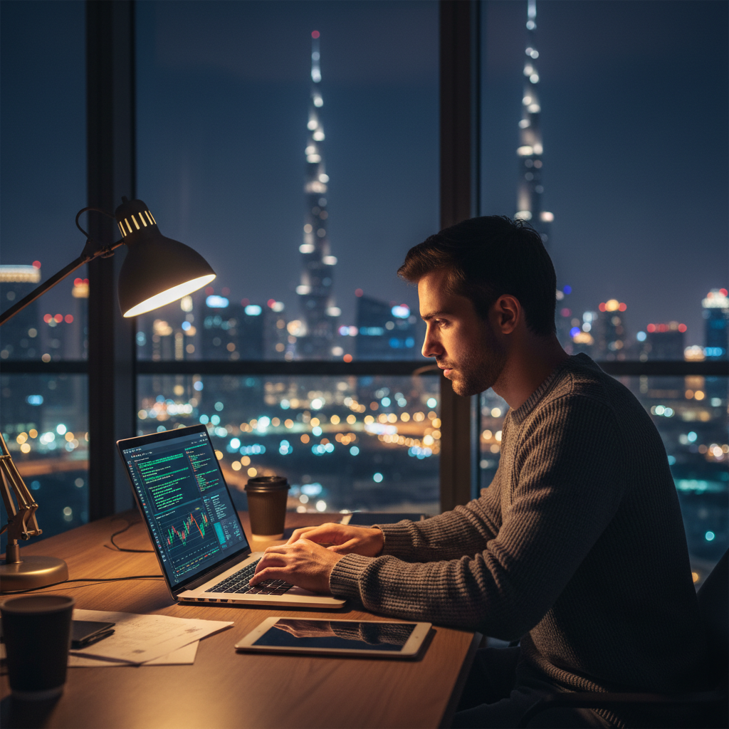 A professional studying at night with the Dubai skyline out the window