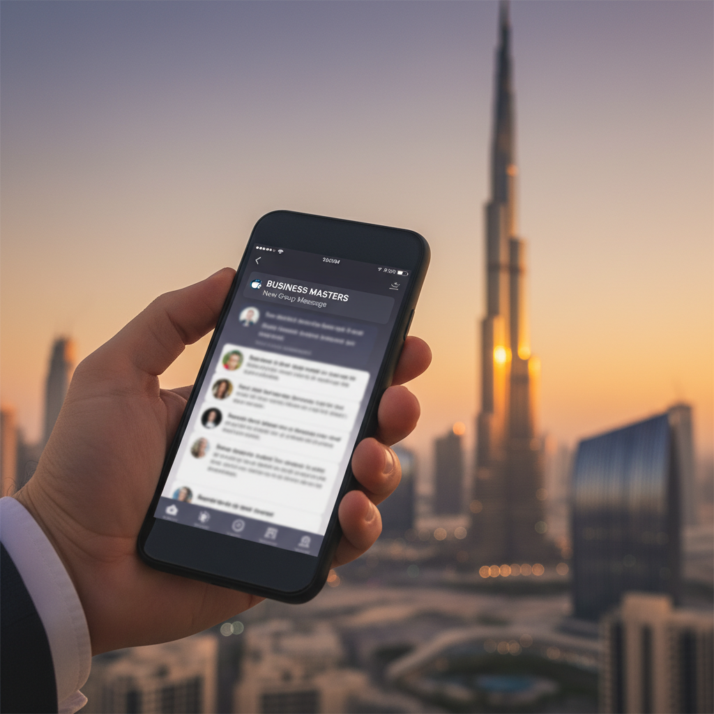 Professional checking WhatsApp messages on smartphone with Dubai skyline in background