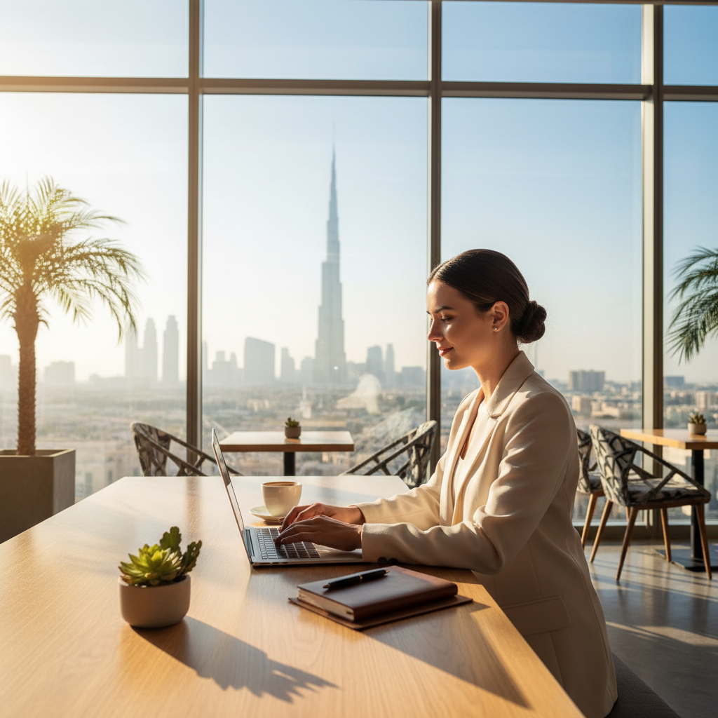 Professional using a laptop in a Dubai cafe