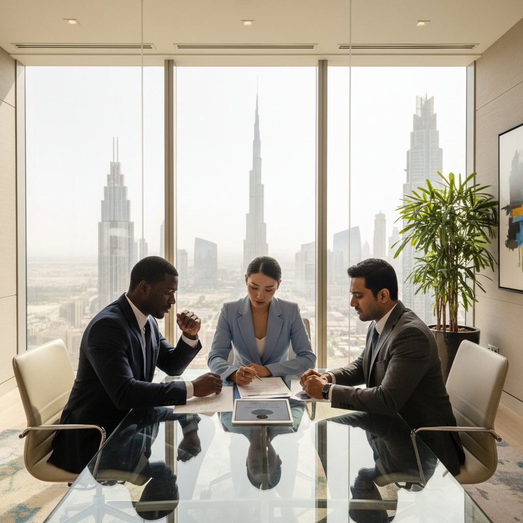 Business professionals in a modern Dubai office meeting room discussing a candidate