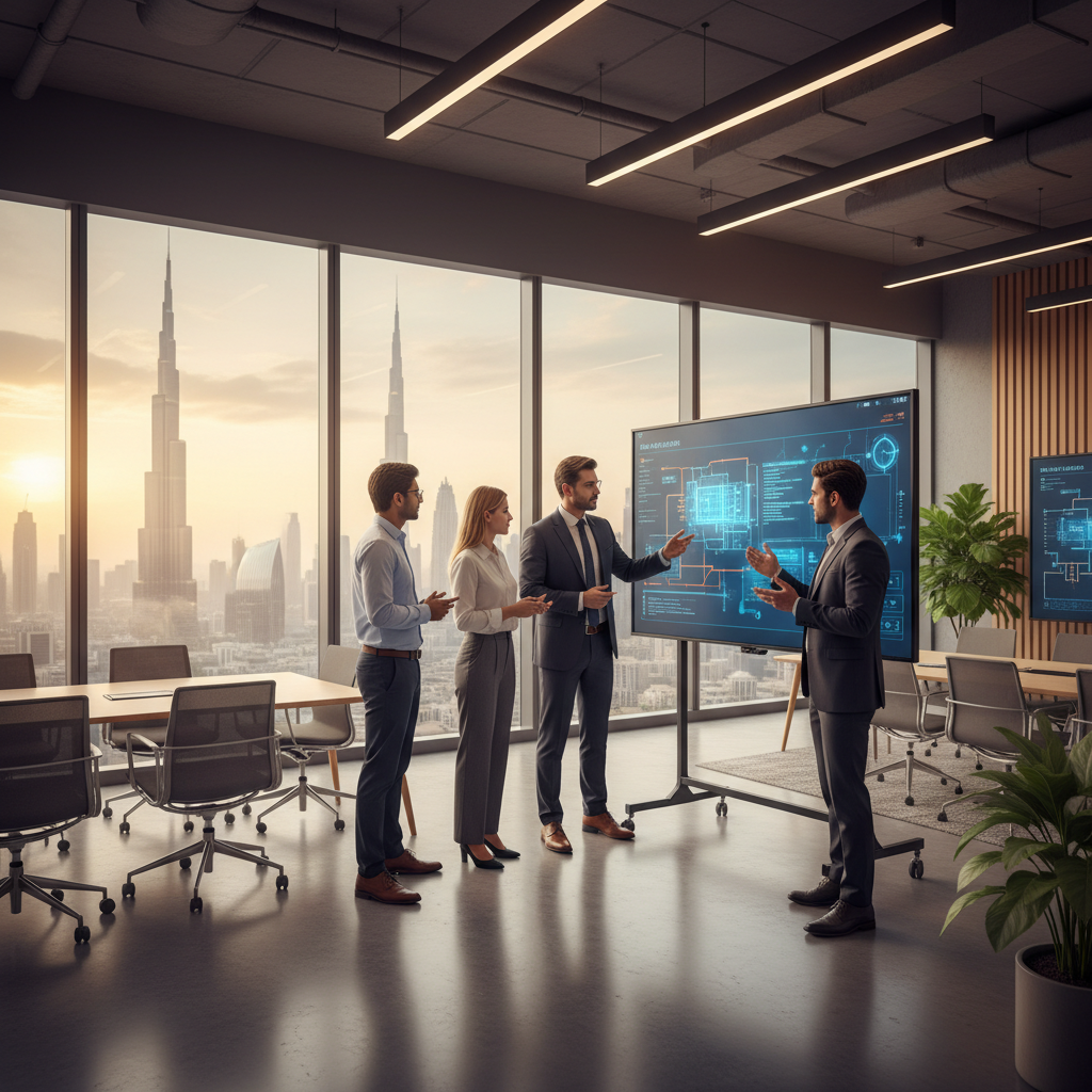 Diverse group of tech professionals discussing data on a screen in a modern Dubai office