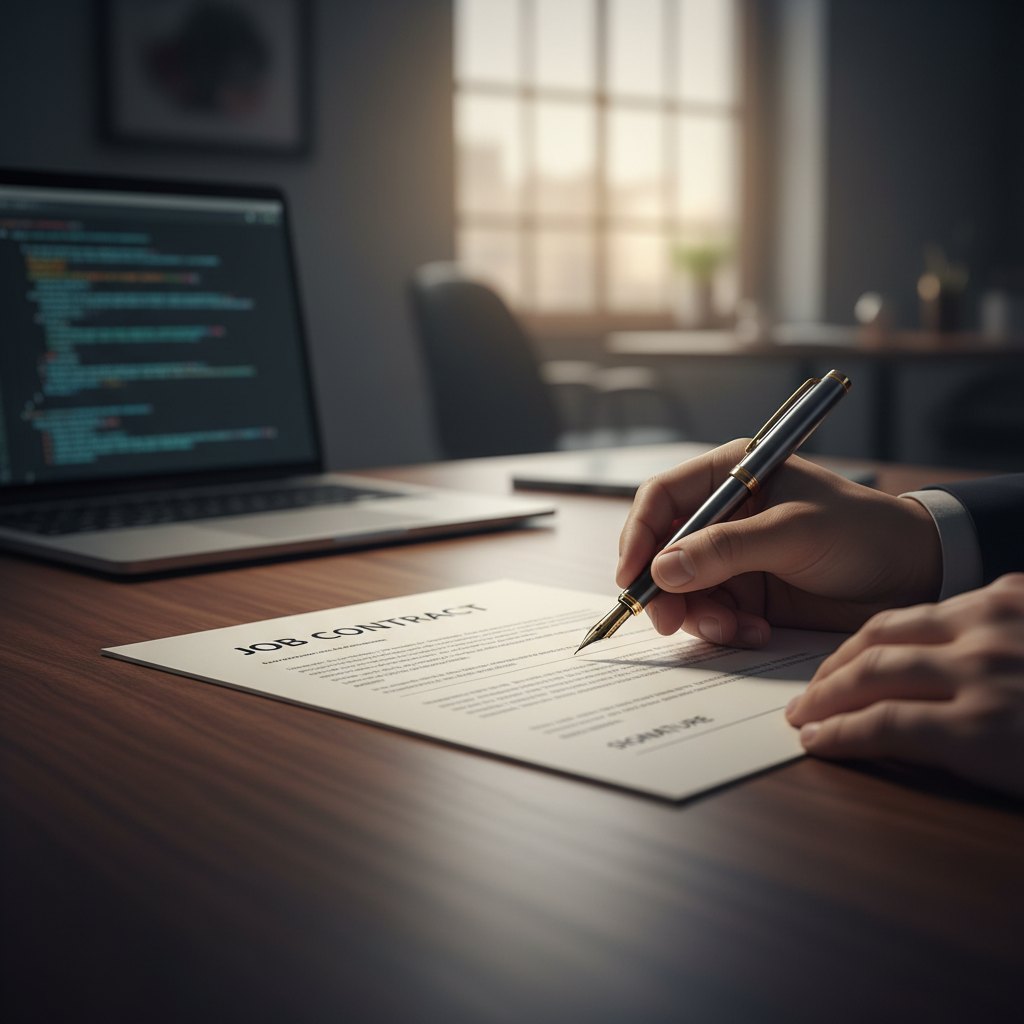 A professional signing a contract with a confident expression