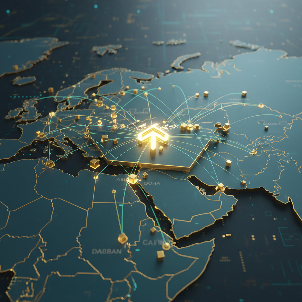 Abstract representation of digital networking connecting dots across a map of the Middle East