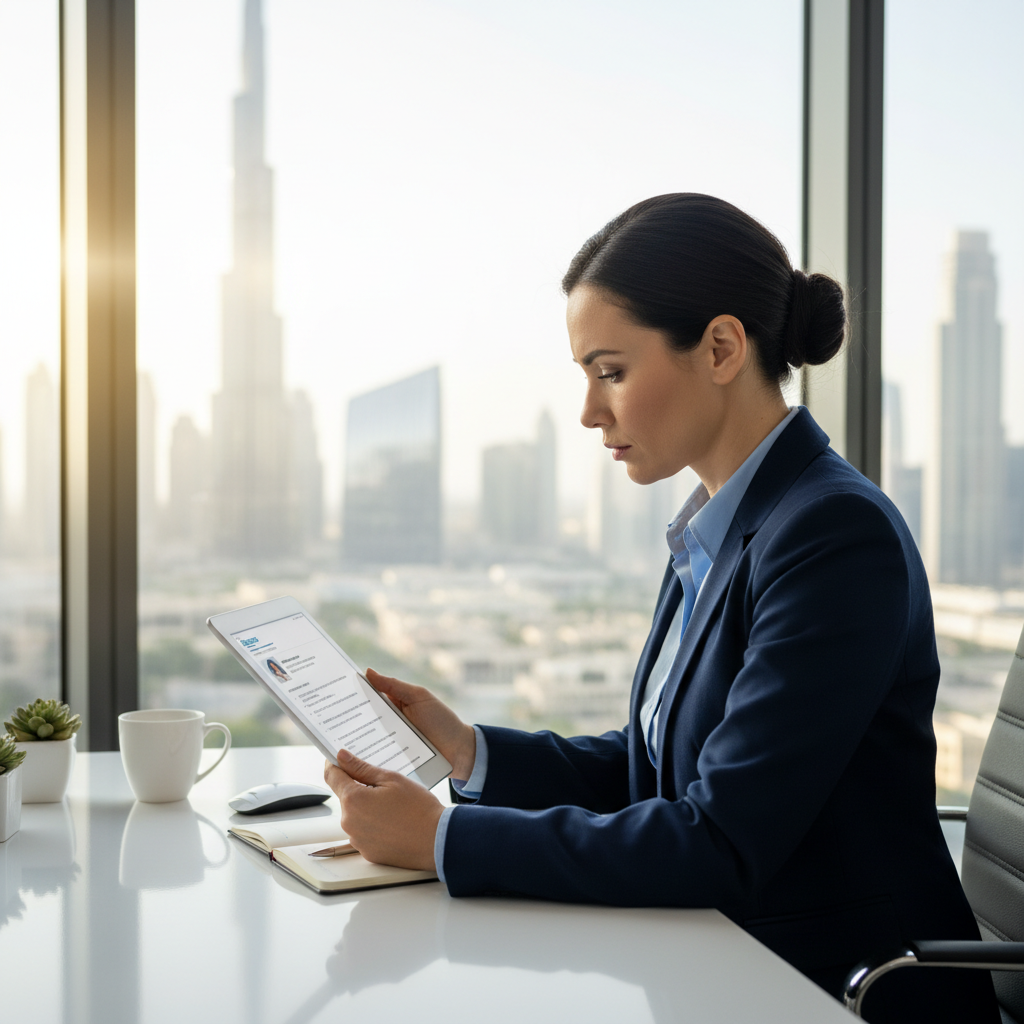 HR manager reviewing a digital resume on a tablet in a modern Dubai office