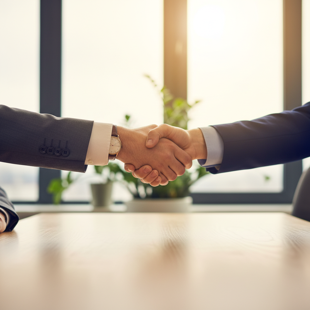 Candidate confidently shaking hands with an interviewer