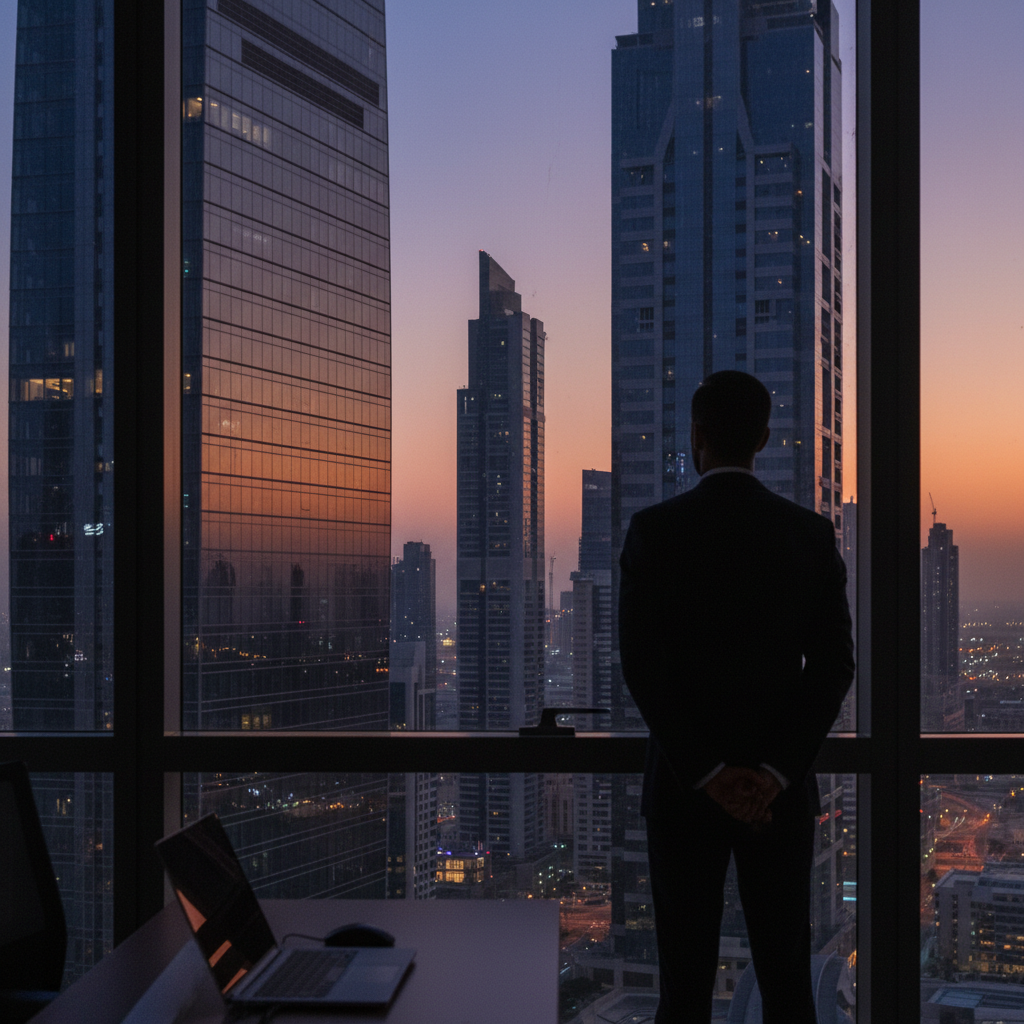 Modern Dubai skyline reflecting in a glass building during sunset