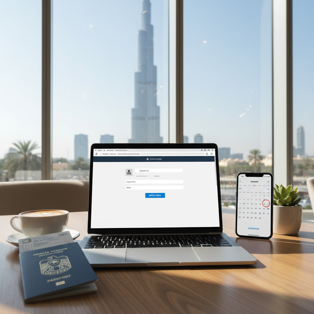 A laptop on a cafe table with a view of the Burj Khalifa in the background
