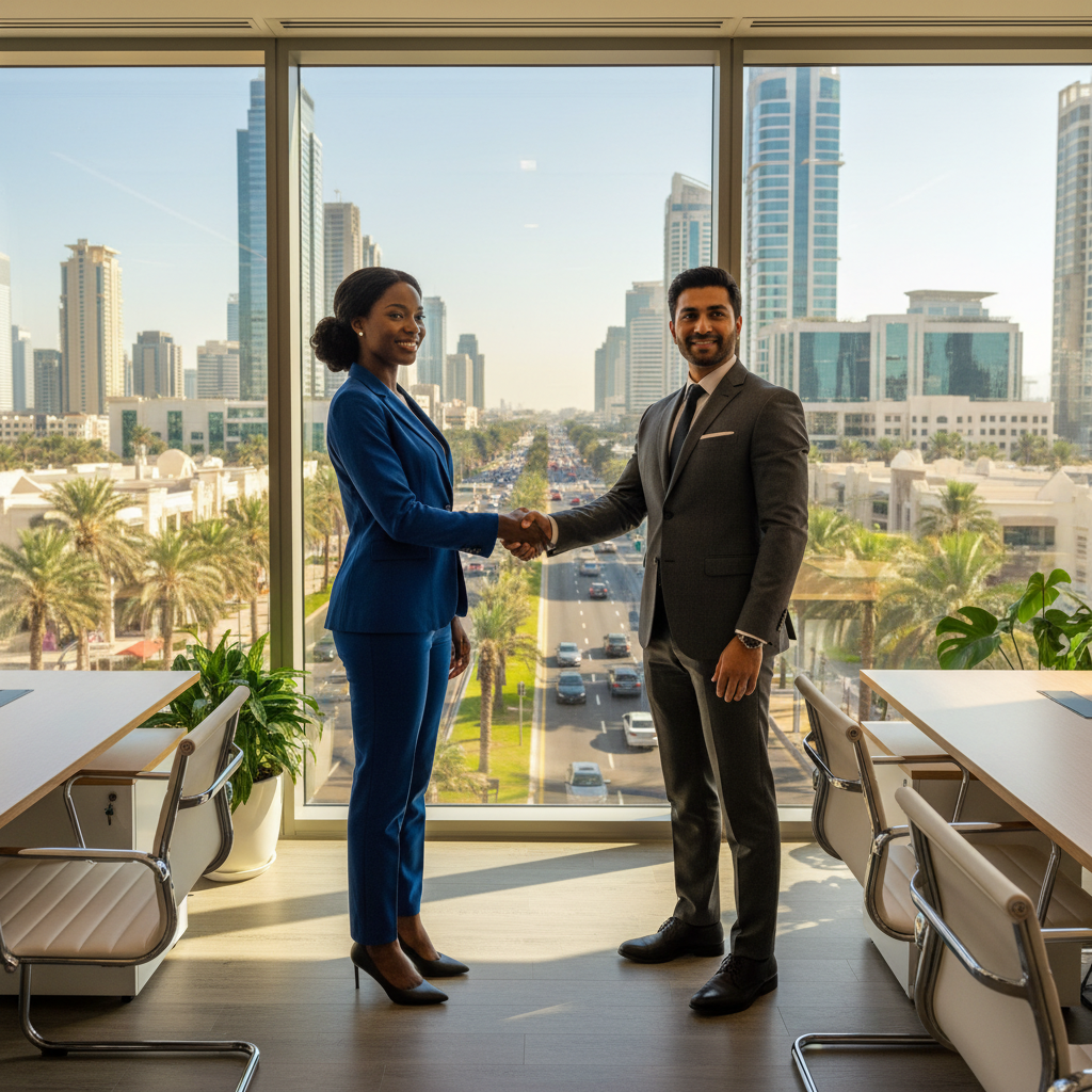 Business professionals shaking hands in a modern Dubai office