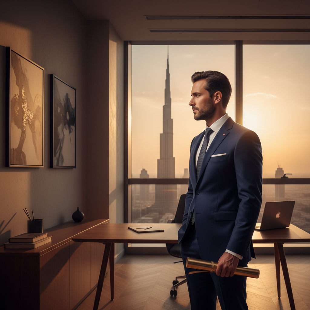 A professional looking at the Dubai skyline through a window, holding a passport.