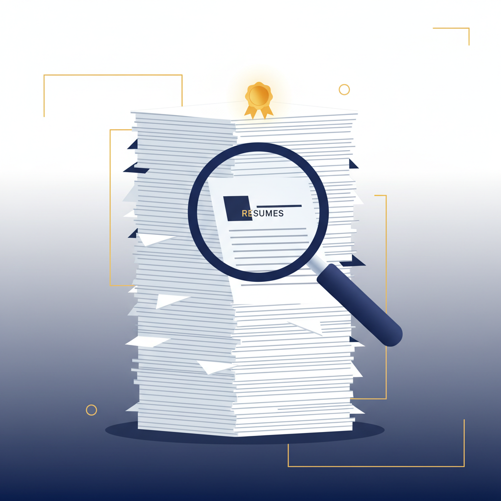 A digital illustration showing a mountain of resumes with a small gold icon on top.