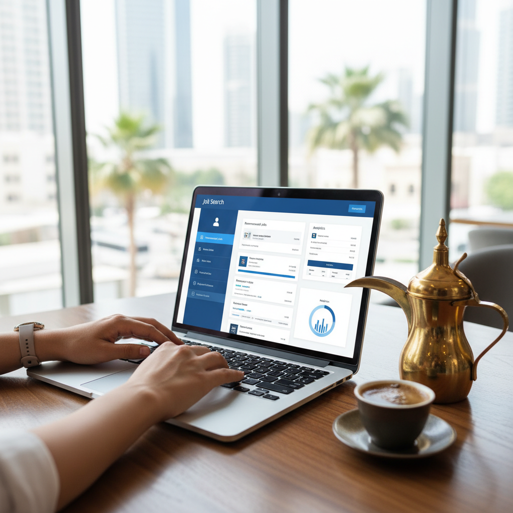 A person using a laptop with a dashboard showing job application progress.