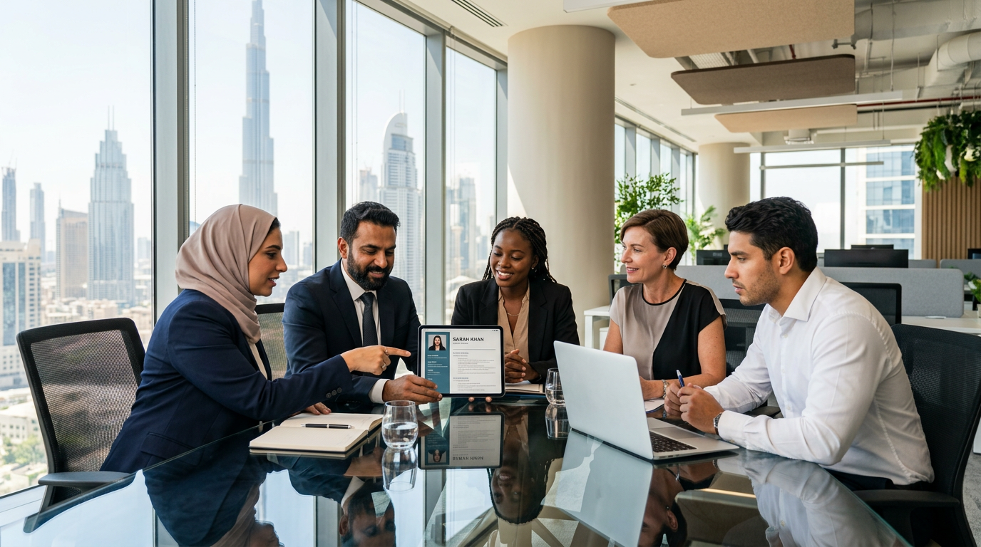 HR professionals in a Dubai office reviewing a candidate's resume