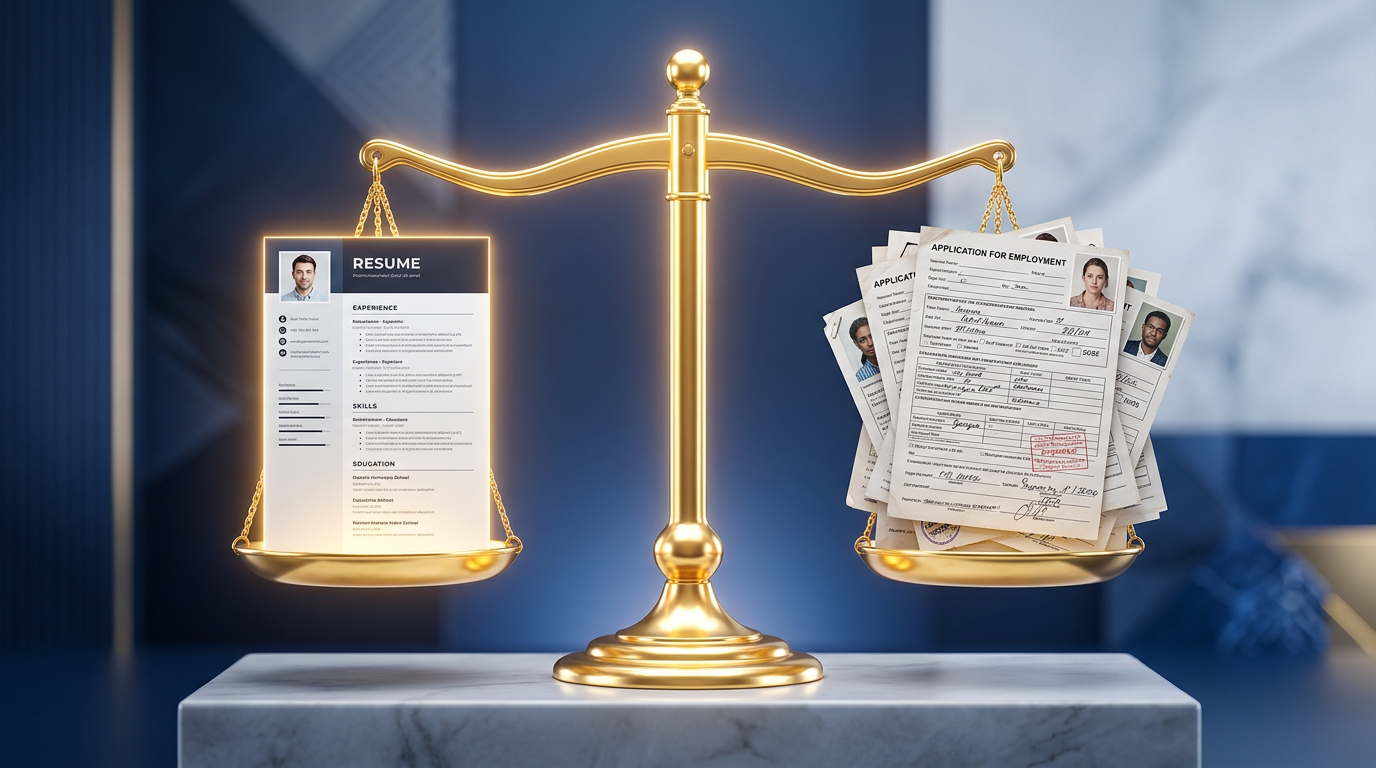 A scale balancing a modern minimalist resume with traditional application forms