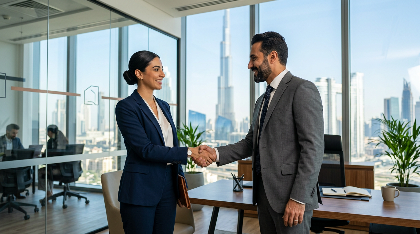A successful candidate shaking hands after a job interview in a Dubai office