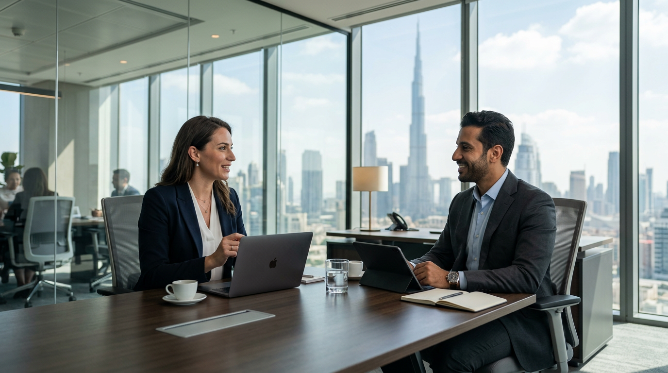 Professionals networking in a modern Dubai office overlooking the skyline