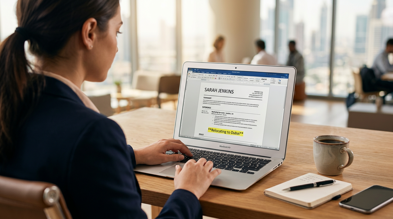 A job seeker editing their resume on a laptop to highlight relocation readiness