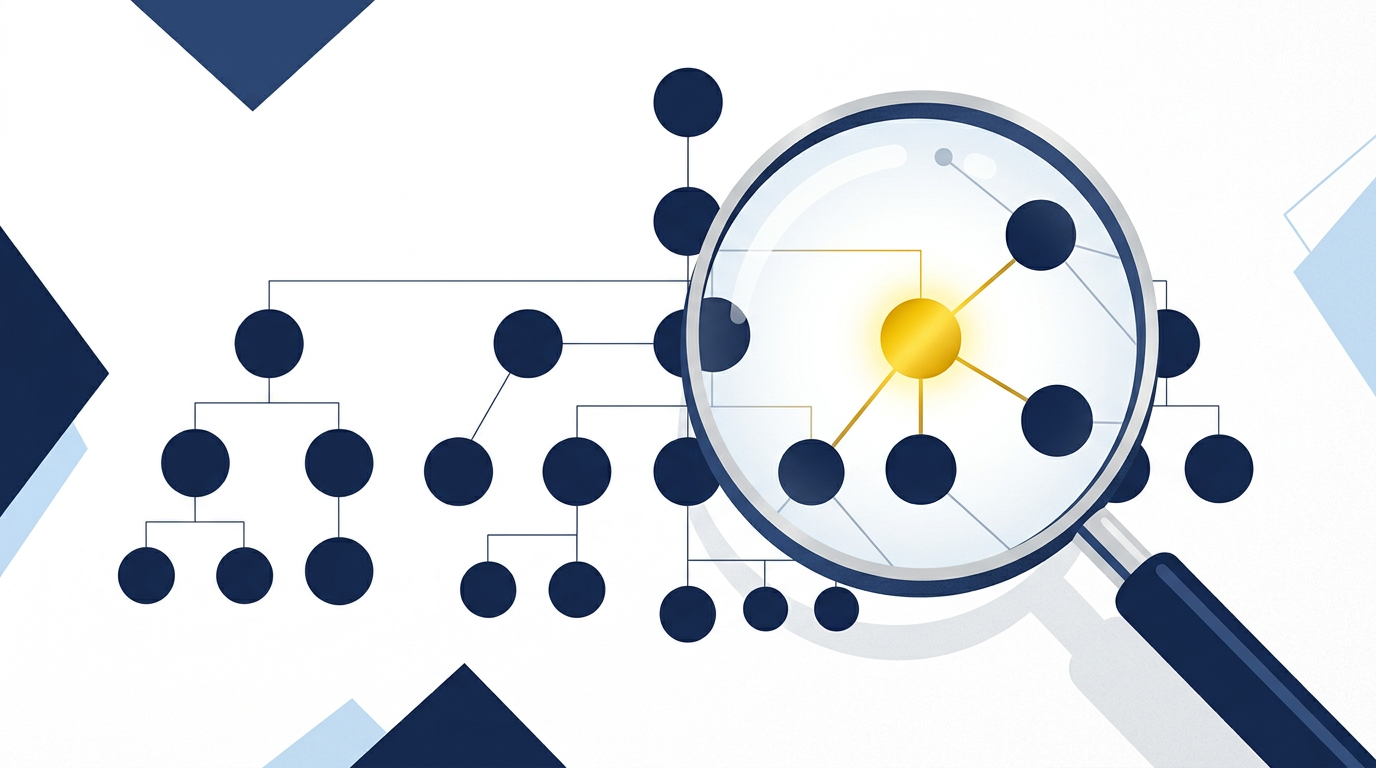 Magnifying glass over a corporate organizational chart