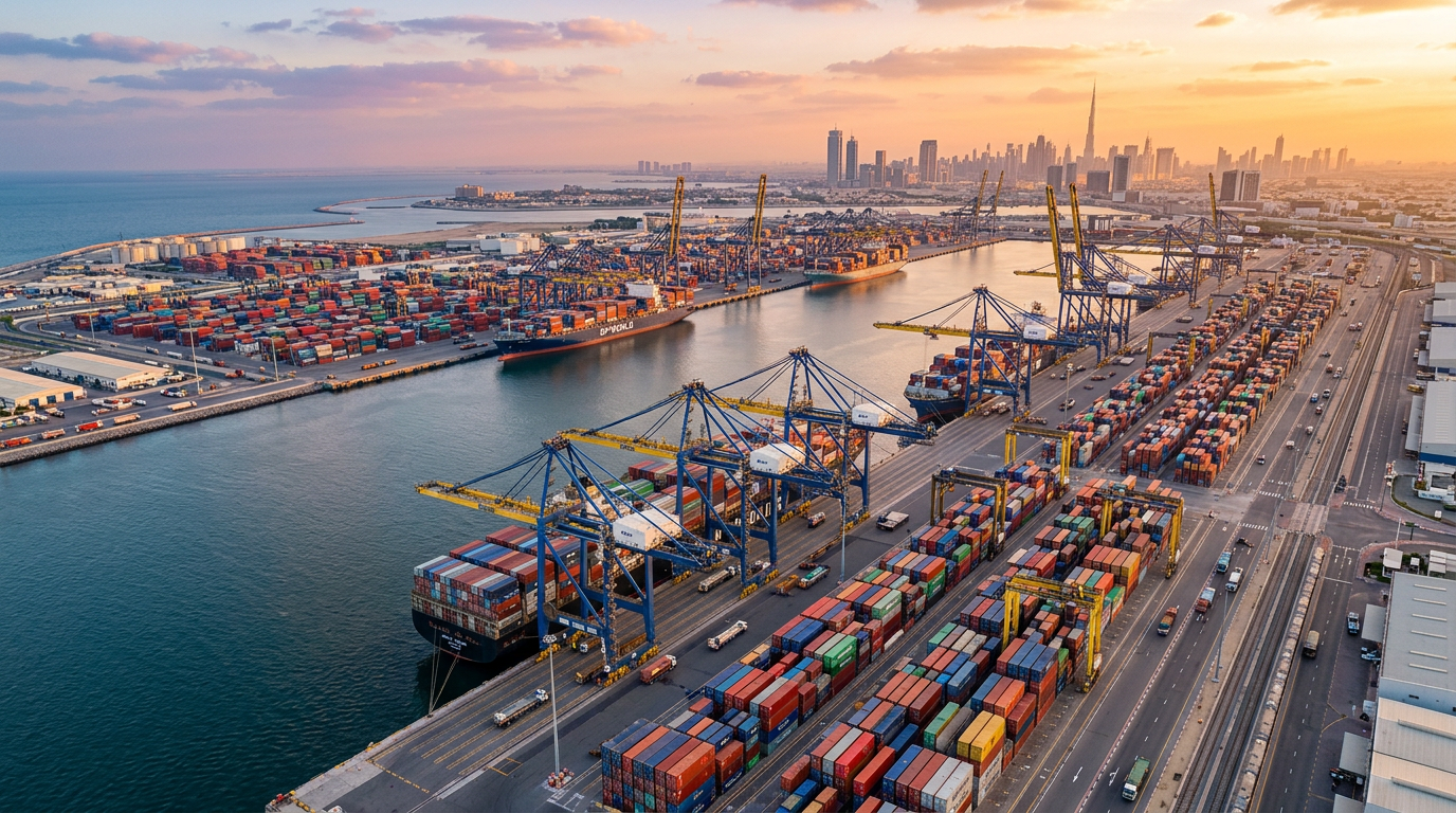 Aerial view of Jebel Ali Port in Dubai showing cargo ships and shipping containers