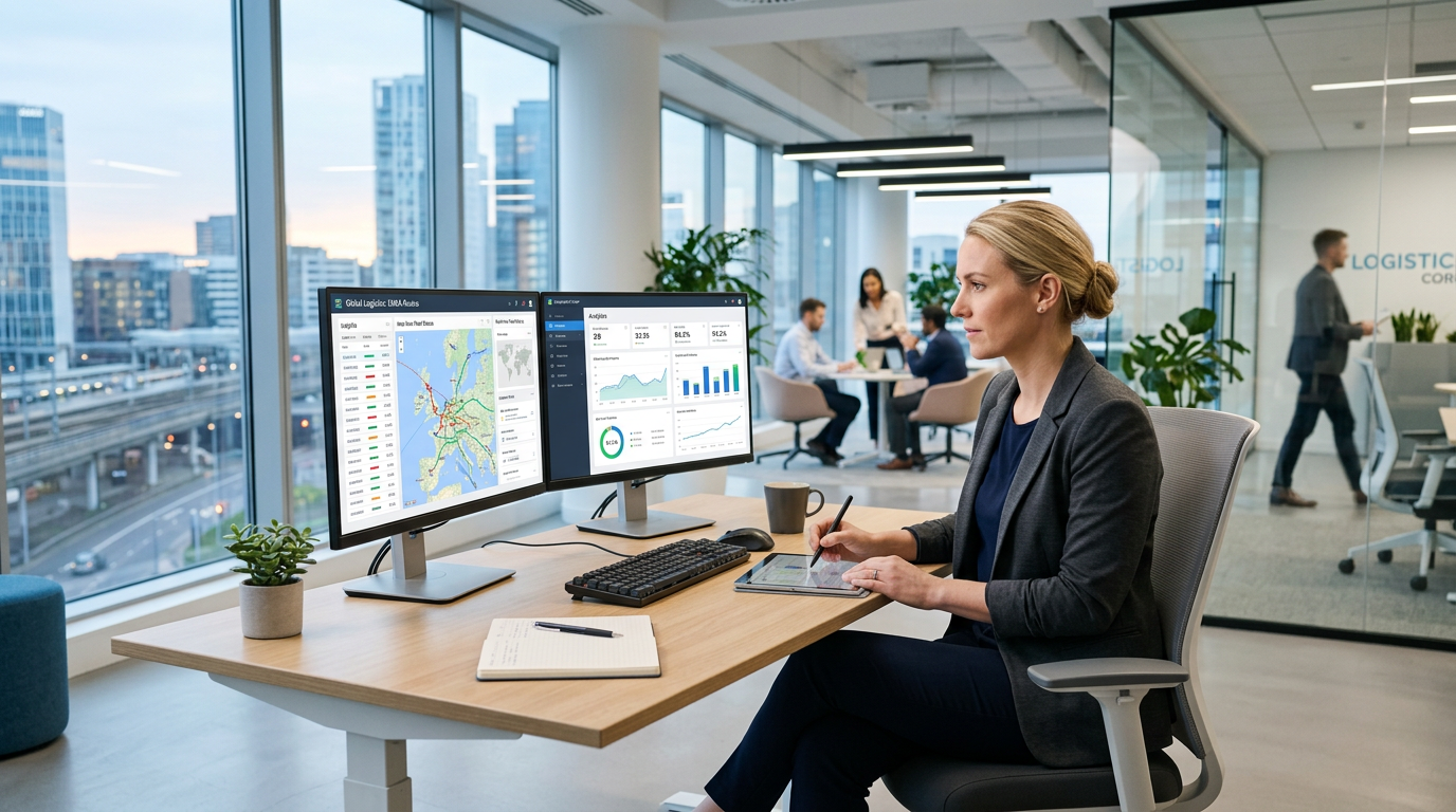 Logistics professional using advanced software and analytics on multiple monitors