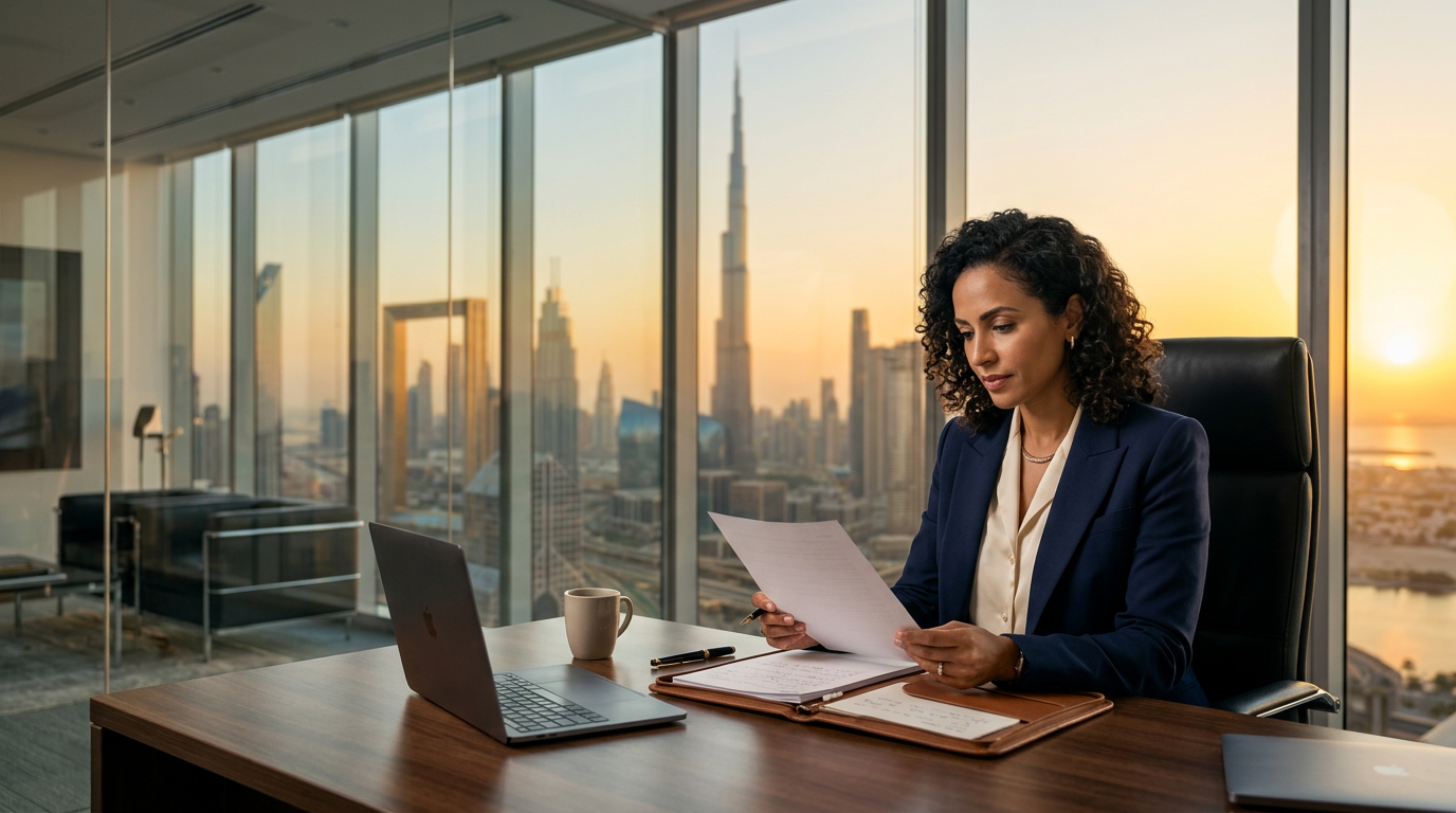 Executive reviewing contract with Dubai skyline in the background