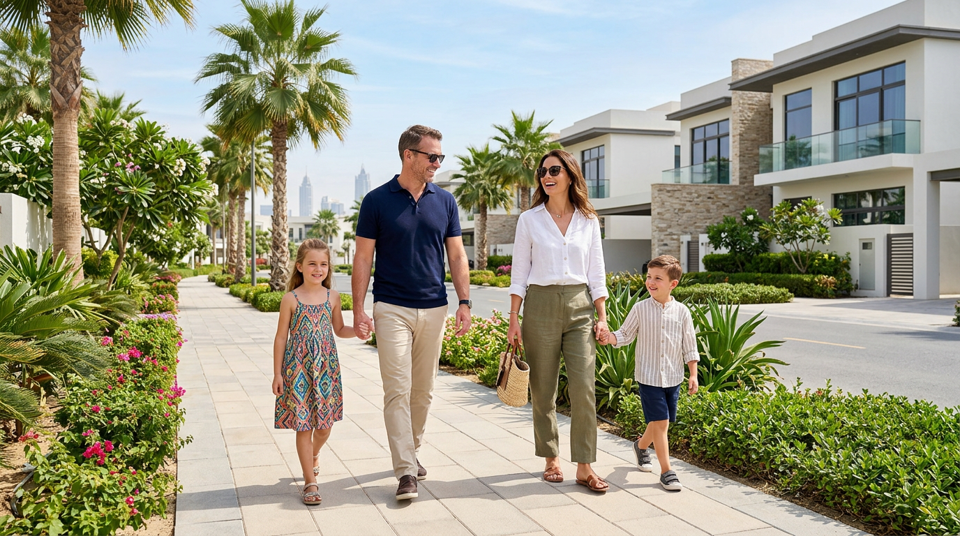 Expat family walking through a luxury Dubai neighborhood
