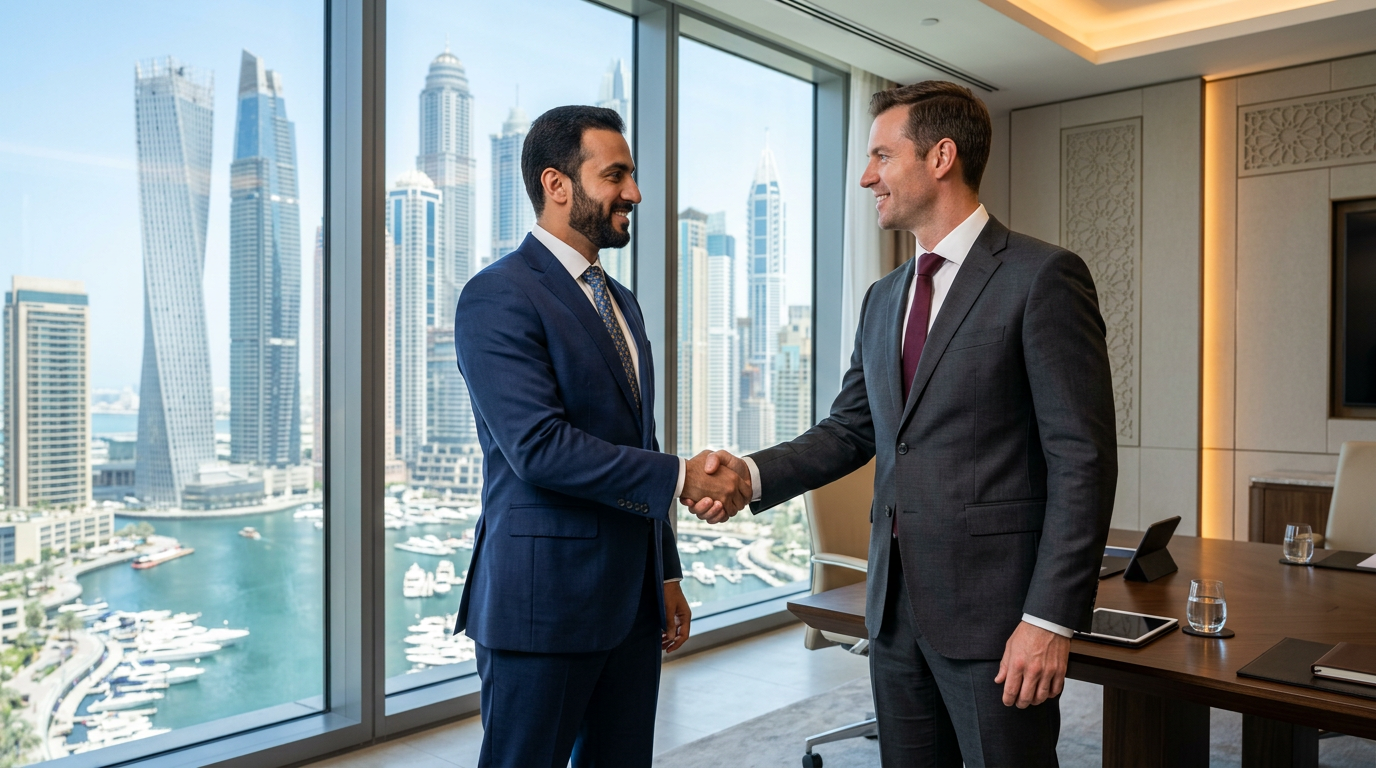 Business executives shaking hands in a bright modern office