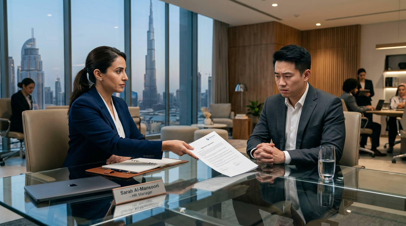 HR professional handing over termination paperwork to a stressed employee across a modern office desk