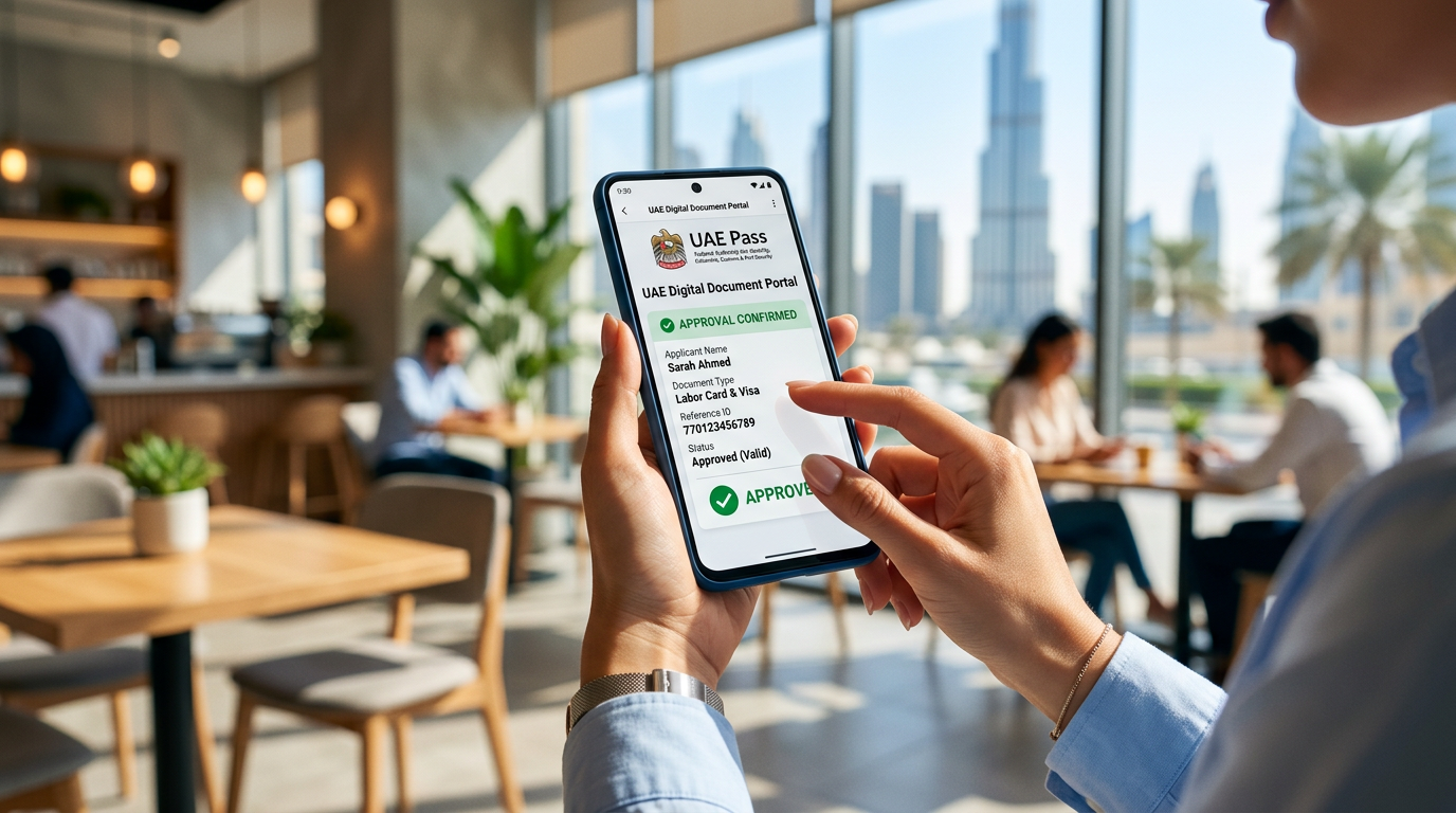 Close up of a person holding a smartphone showing the UAE Pass application
