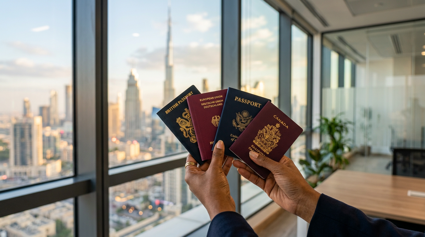 A professional holding a passport confidently in a modern Dubai office setting
