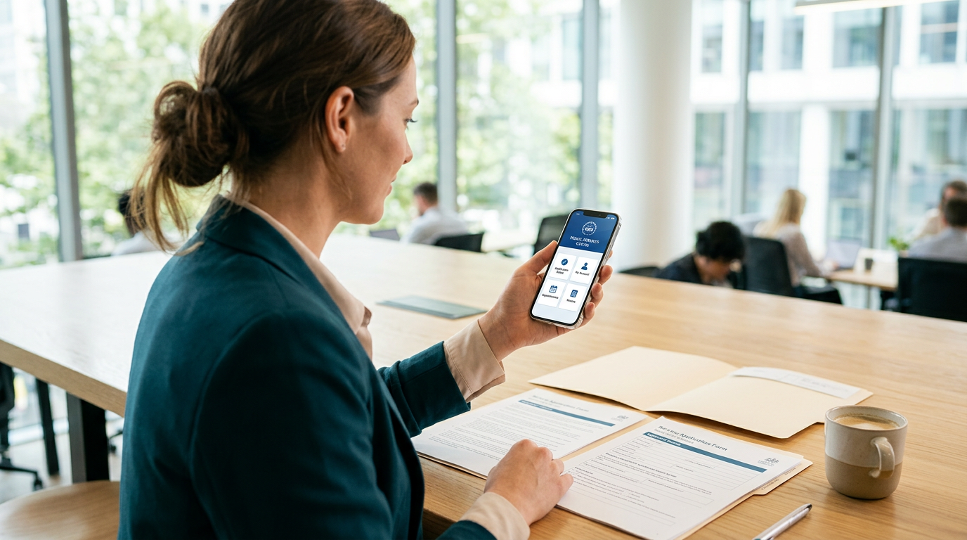 A person using a smartphone with the MOHRE app open, sitting at a desk with documents