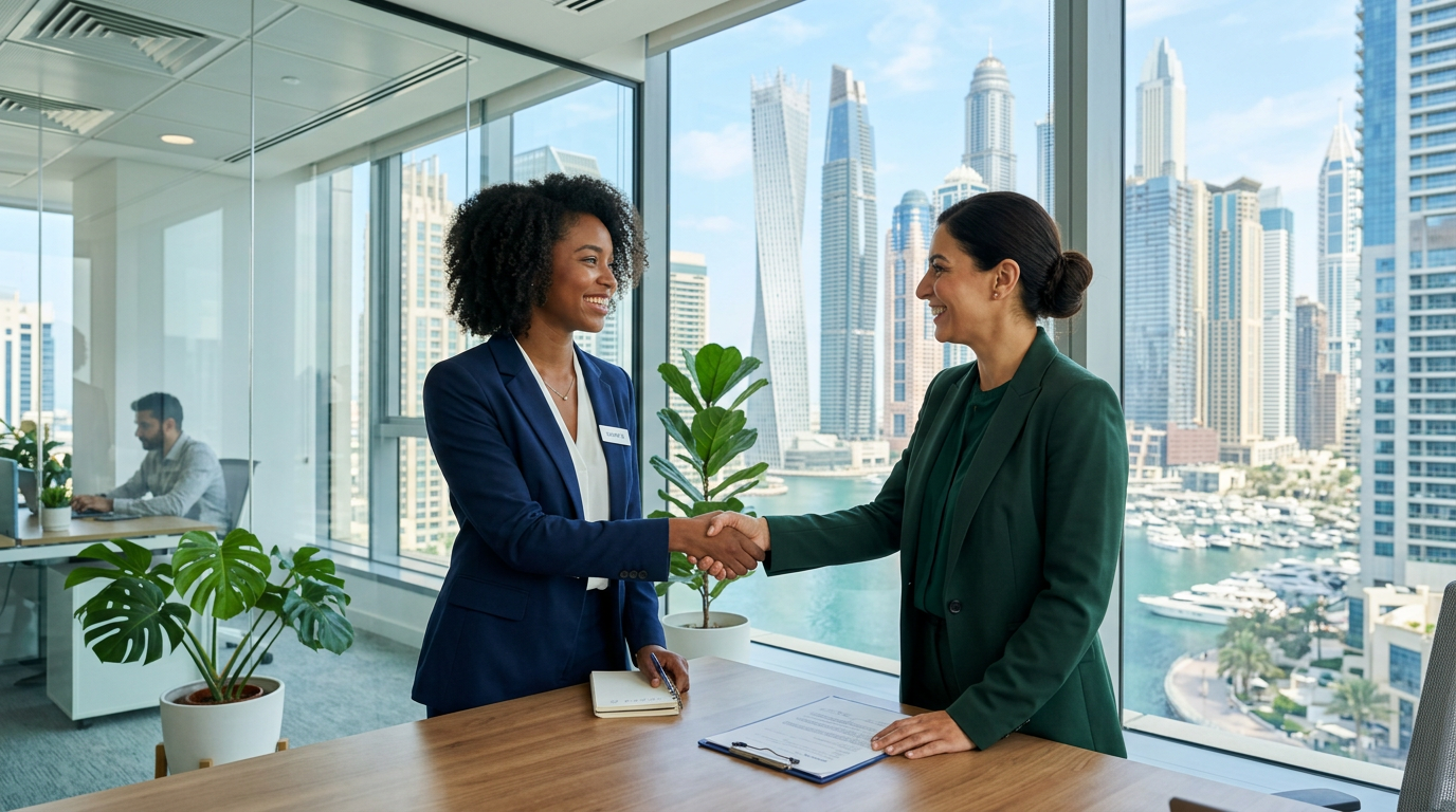 A happy professional shaking hands with a new employer in a bright Dubai office
