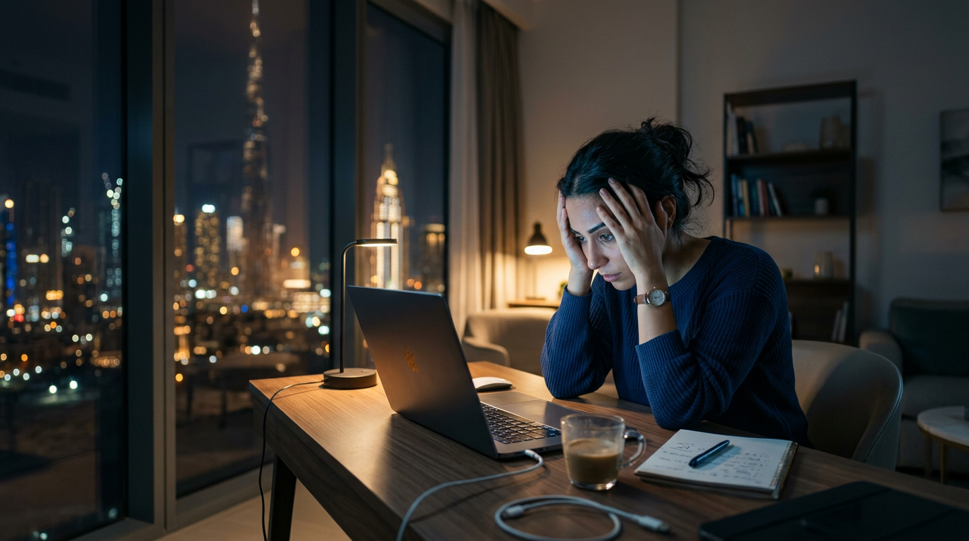 A professional experiencing job search burnout, looking stressed at a laptop