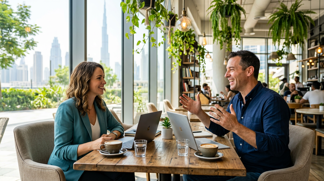 A professional networking in a bright, modern Dubai cafe