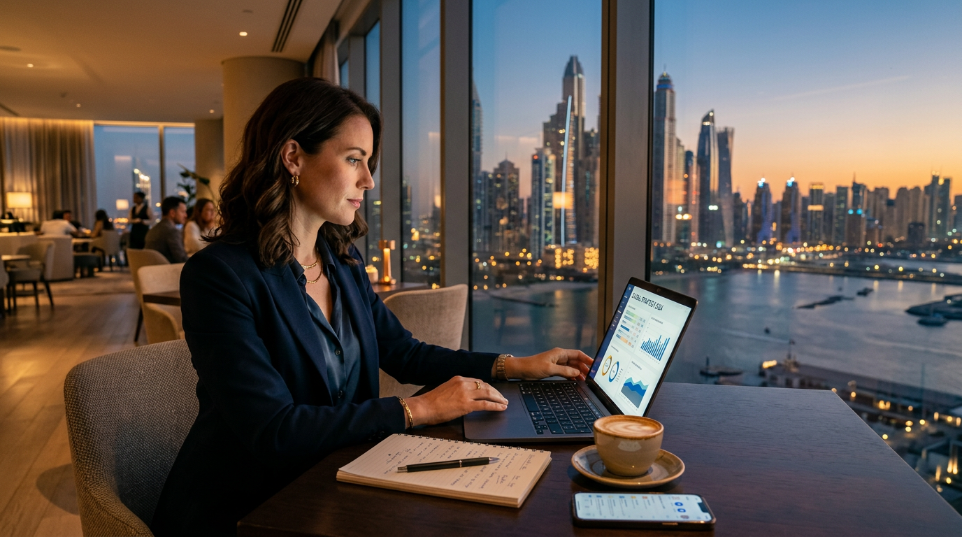Professional expat analyzing data on a laptop overlooking a modern Gulf city skyline